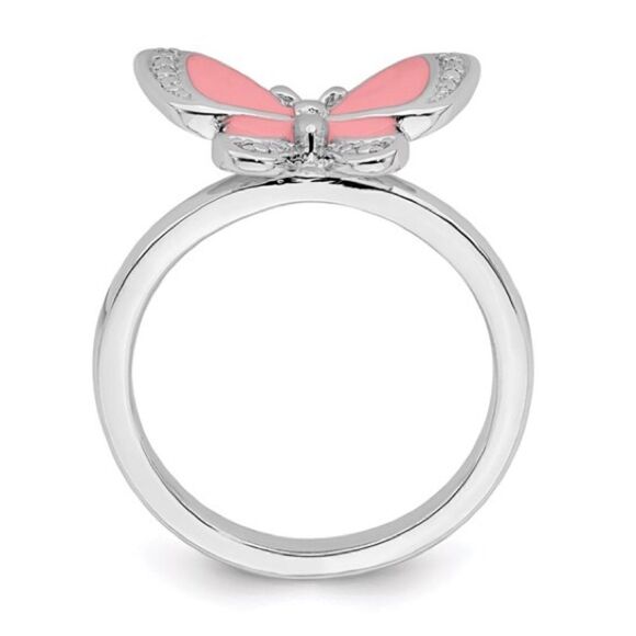 Sterling Silver Stackable Expressions Pink Enamel Butterfly Ring: - Picture 3 of 7